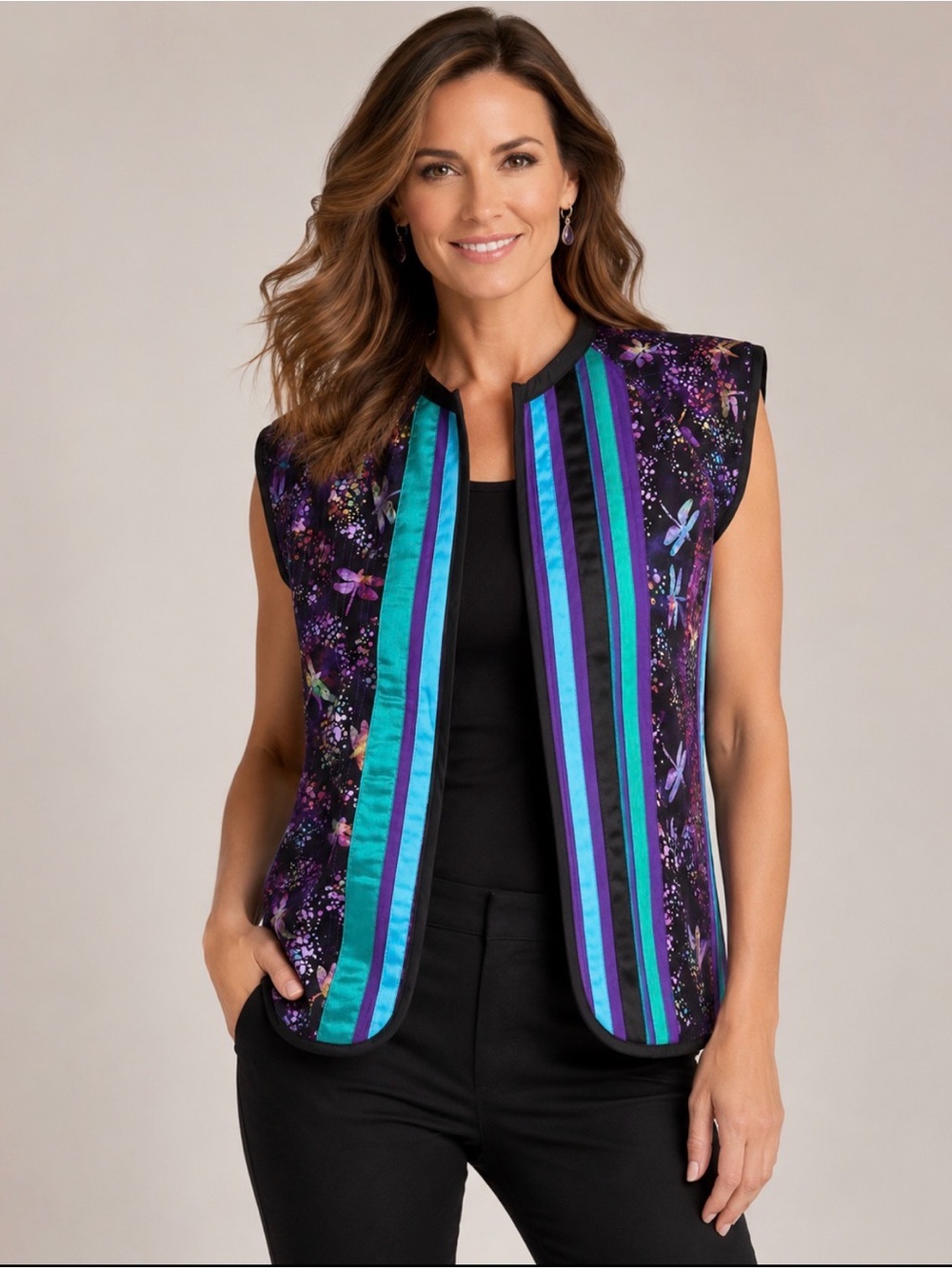 Handmade Sleeveless Floral Dragonfly Vest in Purple & Teal ribbon details